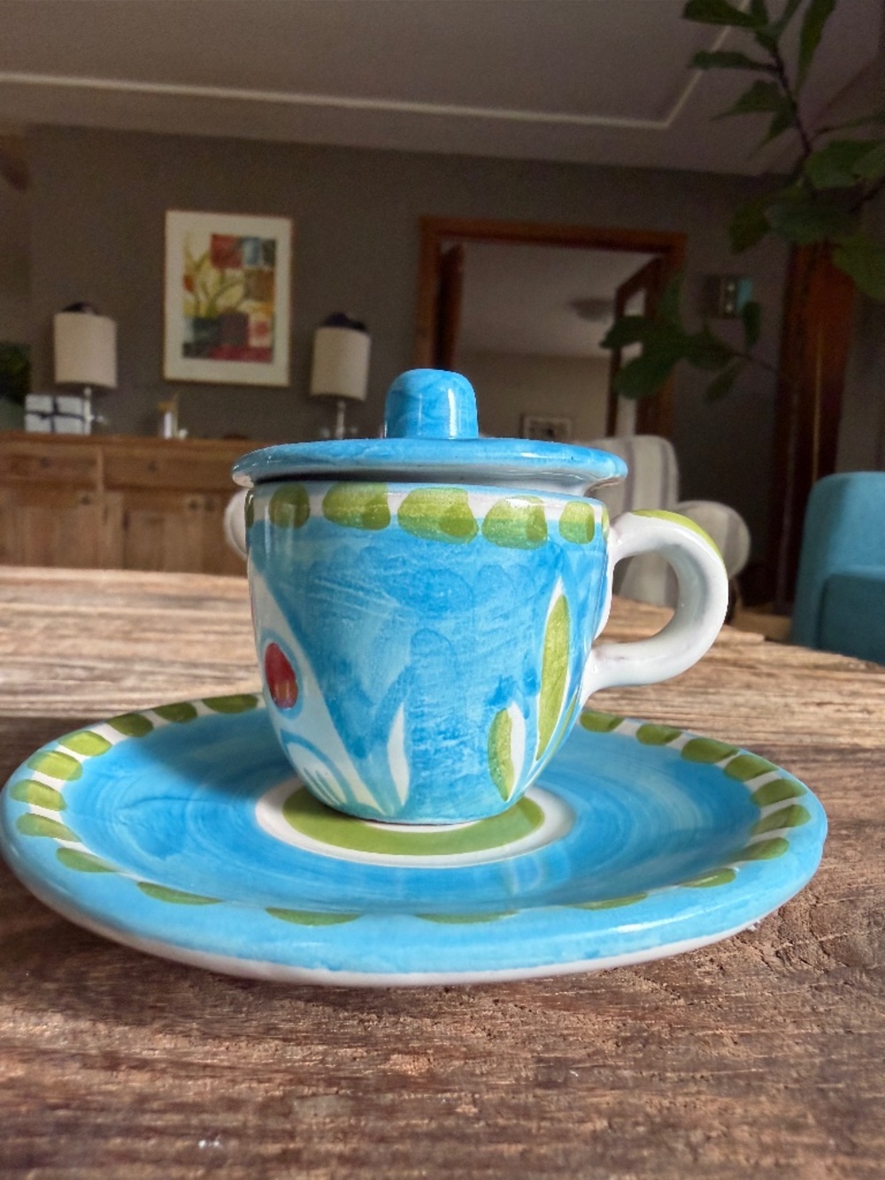 daVincenzo Positano Vietri Pottery Covered Espresso Cup and Saucer - Blue